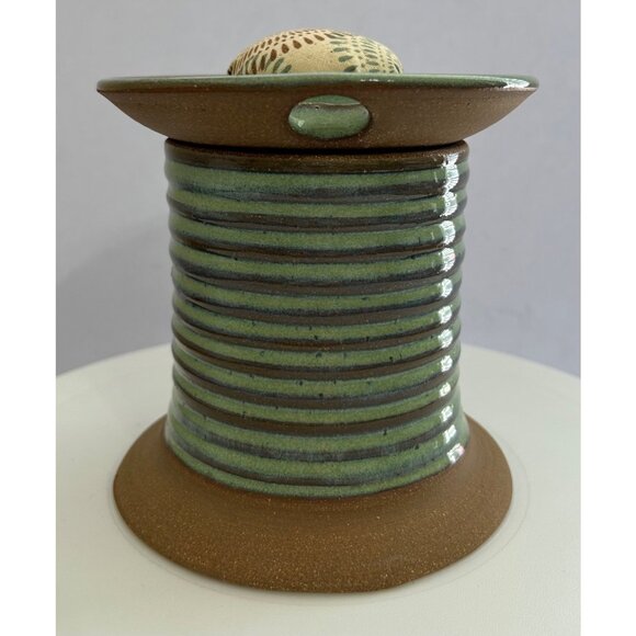 Handmade Green & Brown Pottery Spool Sewing Caddy Hole For Scissors Pin Cushion - Picture 4 of 6